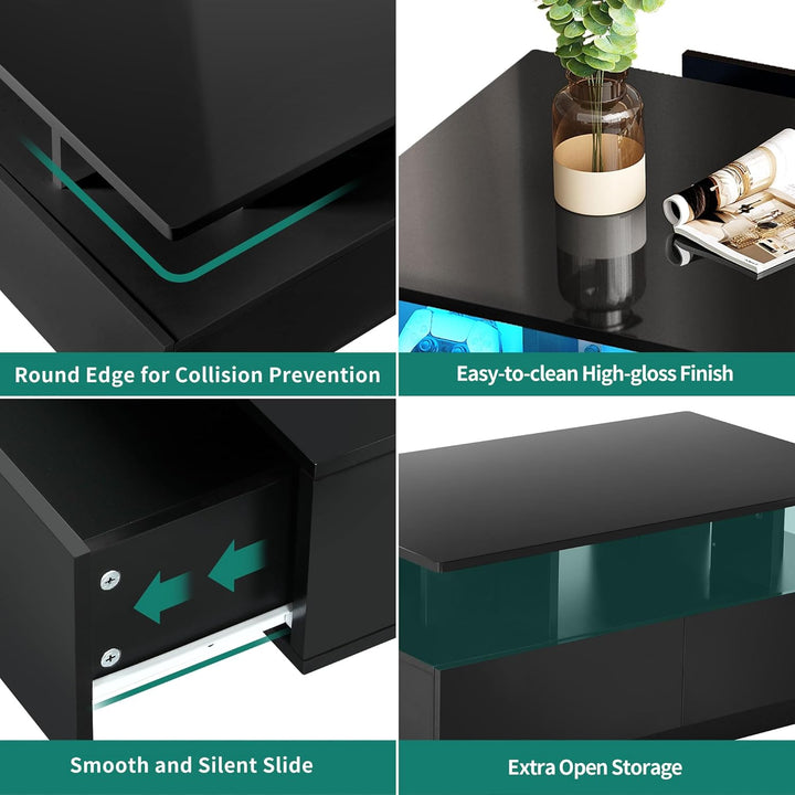 YITAHOME Couchtisch Schwarz, Wohnzimmertisch Hochglanz mit 16-Farbiger LED Beleuchtung Modern, Beist