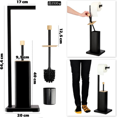 KADAX Badezimmerset aus pulverbeschichtetem Stahl und Bambus, 2in1, Klopapierständer und WC-Bürste,