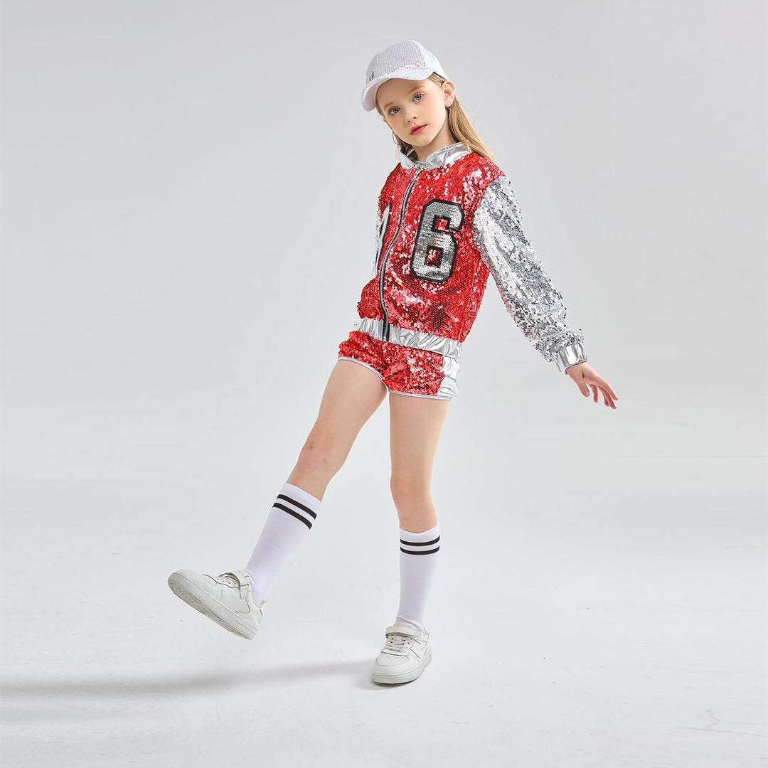 LOLANTA 4 Stück Mädchen Hip Hop Tanz Kostüm Kinder Pailletten Jazz Tanz Kleidung Set Socken angebrac
