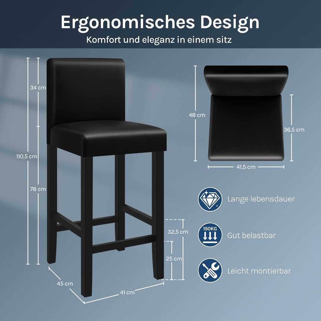 WOLTU Barhocker 2er Set, mit Lehne, Massivholz+Kunstleder, Schwarz | Barstuhl mit Fussstütze, Bistro