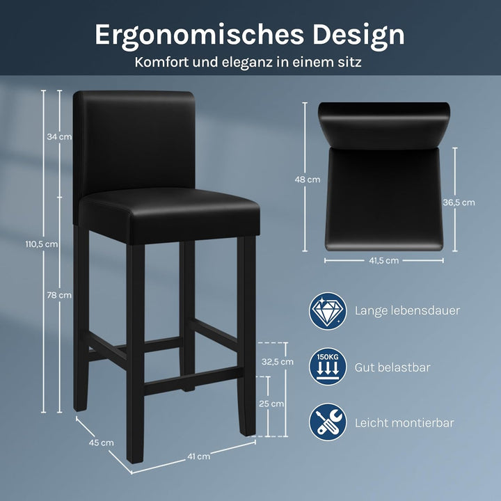 WOLTU Barhocker 2er Set, mit Lehne, Massivholz+Kunstleder, Schwarz | Barstuhl mit Fussstütze, Bistro