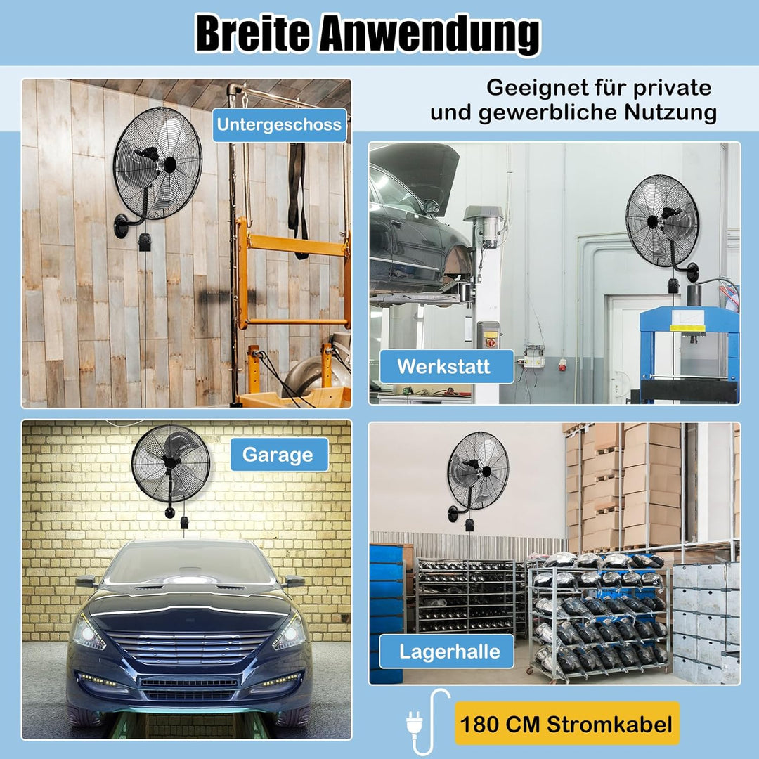 RELAX4LIFE Wandventilator mit 3 Geschwindigkeitsstufen, 85°Oszillation & 30°Neigung, 120W Ventilator