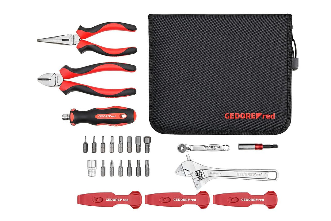 GEDORE red Fahrrad Werkzeugset Profi für die Werkstatt, 25-teilig, Rollgabelschlüssel, Bitschraubend