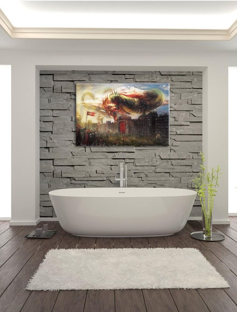 Pixxprint Drache über der Festung als Leinwandbild/Grösse: 100x70 / Wandbild/Kunstdruck/fertig bespa