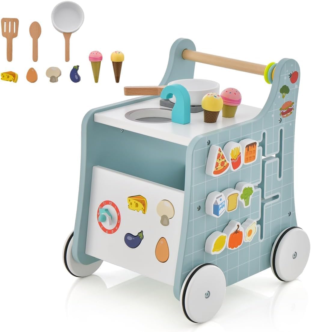 DREAMADE Lauflernwagen Holz, 6-in-1 hölzerne Lauflernhilfe, Baby Walker mit Blöcken & 9 Teilen Zubeh