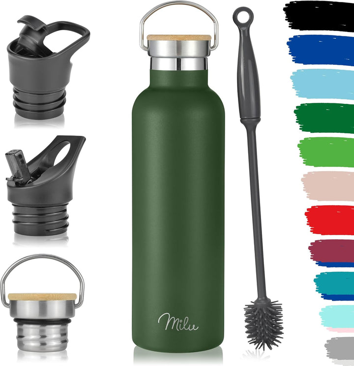 Milu Edelstahl Trinkflasche 350ml 500ml 750ml 1000ml (+3 Deckel) Thermosflasche mit Strohhalm, Isoli