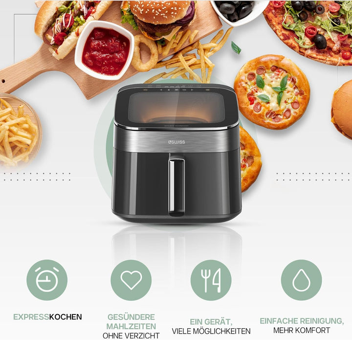 4SWISS Heissluftfritteuse mit Sichtfenster 6,5L, Airfryer XL 1700W mit 12 Programme, 180°C in 1,44 M