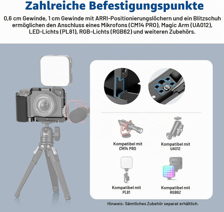 NEEWER ZV-E10 Kamerakäfig mit Silikongriff, 1/4" Gewinde, 3/8" ARRI Positionierungslöcher, Arca Typ