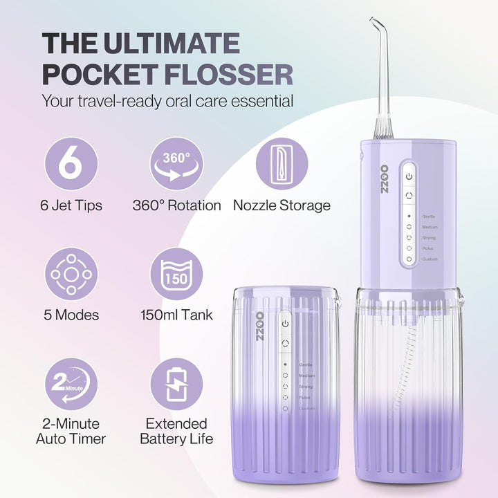OOZZ Travel Water Flosser, Schnurlose Taschenmunddusche, 5 Druckmodi, 6 Strahlspitzen, USB-wiederauf