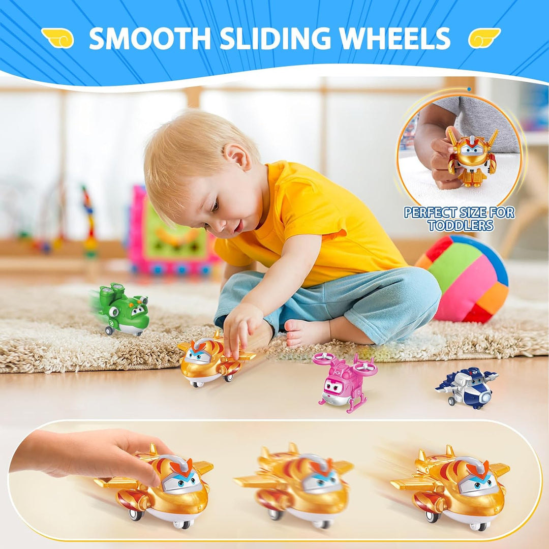 Super Wings Transform-a-Bots 4 Pack with S5 Paul Dizzy & Golden Boy & Mira, Rosa, Gelb, Blau, Grün S