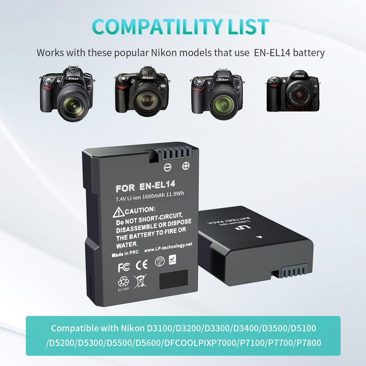 LP EN-EL14 Akku 2 Pack EN EL14a Ersatzakku kompatibel zu D3500, D5600, D3300, D5100, D5500, D3100, D