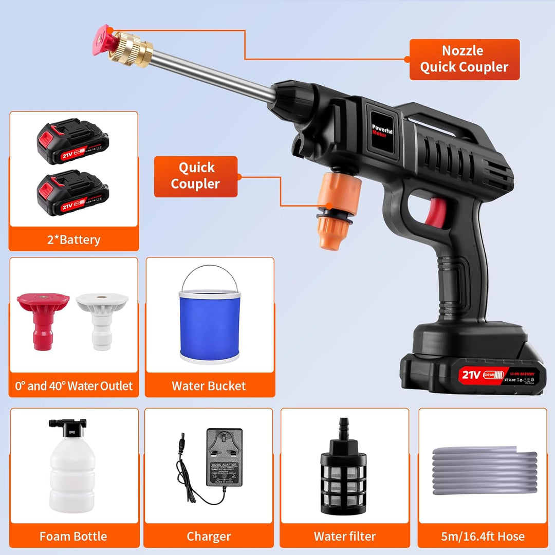 Akku Hochdruckreiniger, 21V 60Bar Mobile Akku-hochdruckreinige𝗿, Hochdruckreiniger mit 2 akkus, 3-in