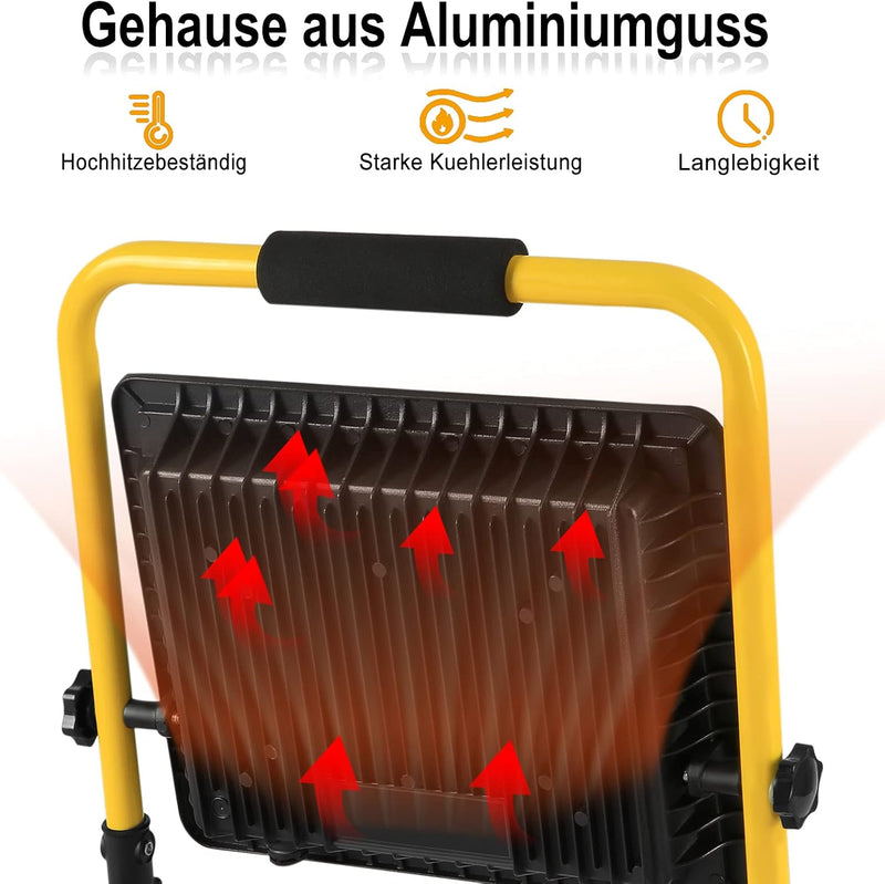 UISEBRT LED Baustrahler 200W Kaltweiss Baustellen Strahler inkl. Standgestell und Netzkabel, LED Flu