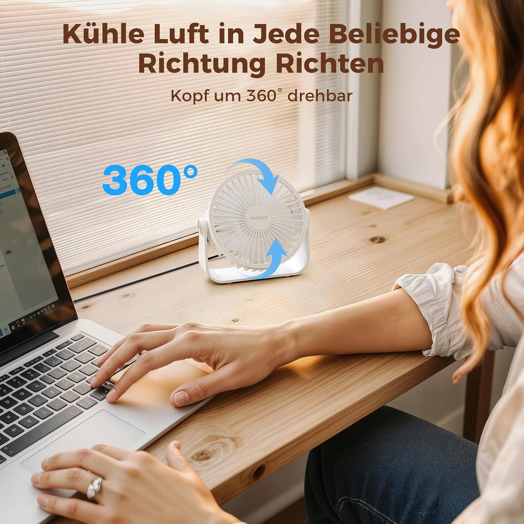 TriPole USB Tischventilator, 3 Geschwindigkeiten Starker Wind, 360° Rotation Persönlicher Ventilator