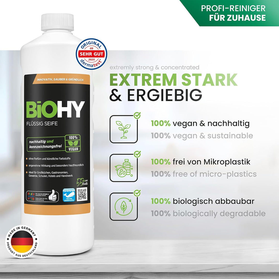 BiOHY Flüssig Seife (3 x 1 Liter) + Pumpspender | Hautschonende, rückfettende & flüssige Handseife |
