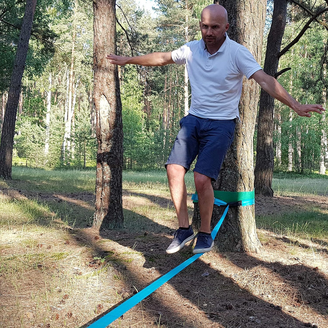 Slackline für Gleichgewichtstraining 15m mit Hochleistungs-Industrie Ratsche, Baumschutzband und Tra