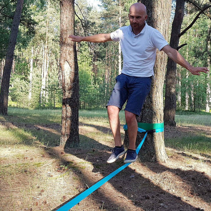 Slackline für Gleichgewichtstraining 15m mit Hochleistungs-Industrie Ratsche, Baumschutzband und Tra