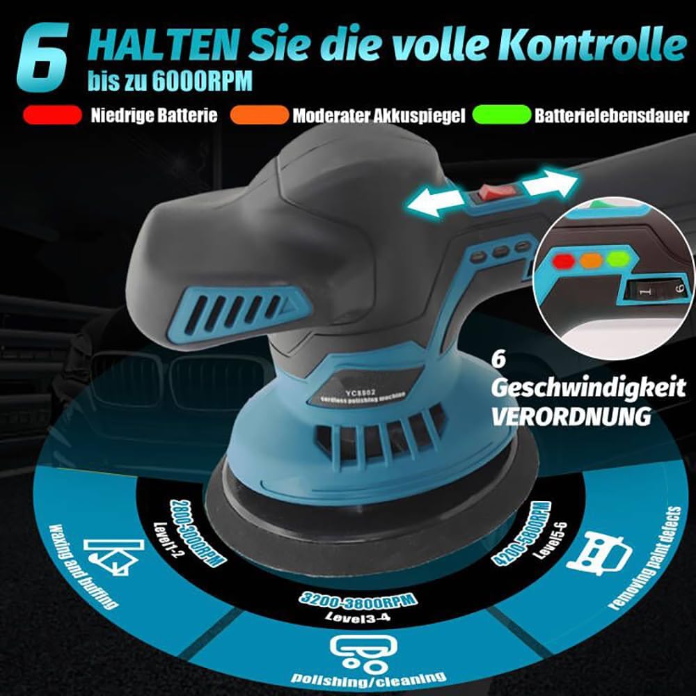 Akku Auto Poliermaschine 12V,Kabelloser Polierer mit 2x 3.0AH Akku,6 Drehzahlregulierung,145mm Polie