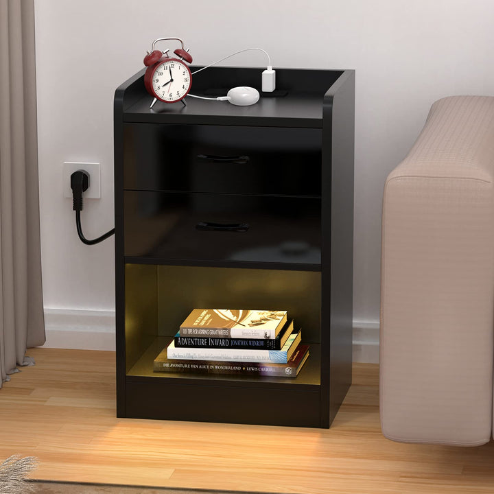 Nachttisch mit LED Licht, Nachttisch mit Ladestation, Nachtschrank mit Steckdosen USB Anschlüsse, Na