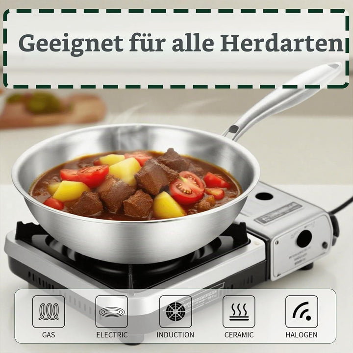 Edelstahl Wokpfanne 32 cm Induktion, Durchgehend 3-lagig Wok 32cm, 32cm