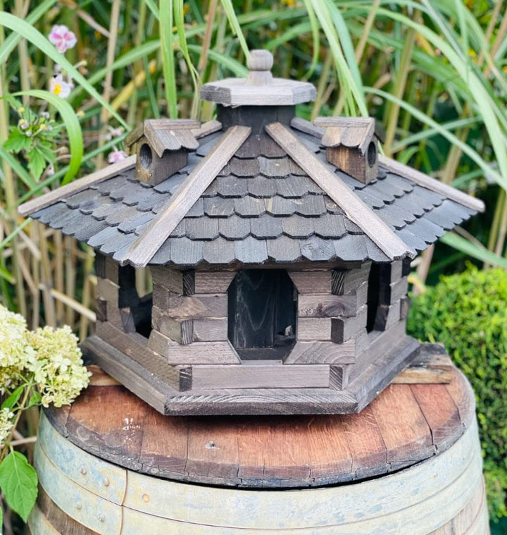 Sechseck Vogelhaus aus Holz L - XL Futterstelle mit und ohne Ständer handgefertigt (XL ohne Ständer,