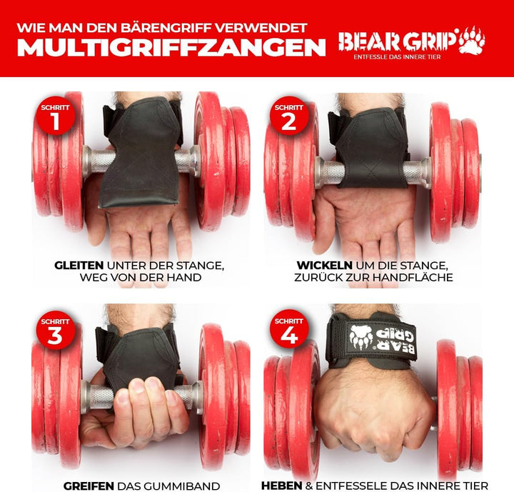 BEAR GRIP Multi-Grip-Riemen/Haken, hochwertige strapazierfähige Gewichthebergurte/Handschuhe. Kleine