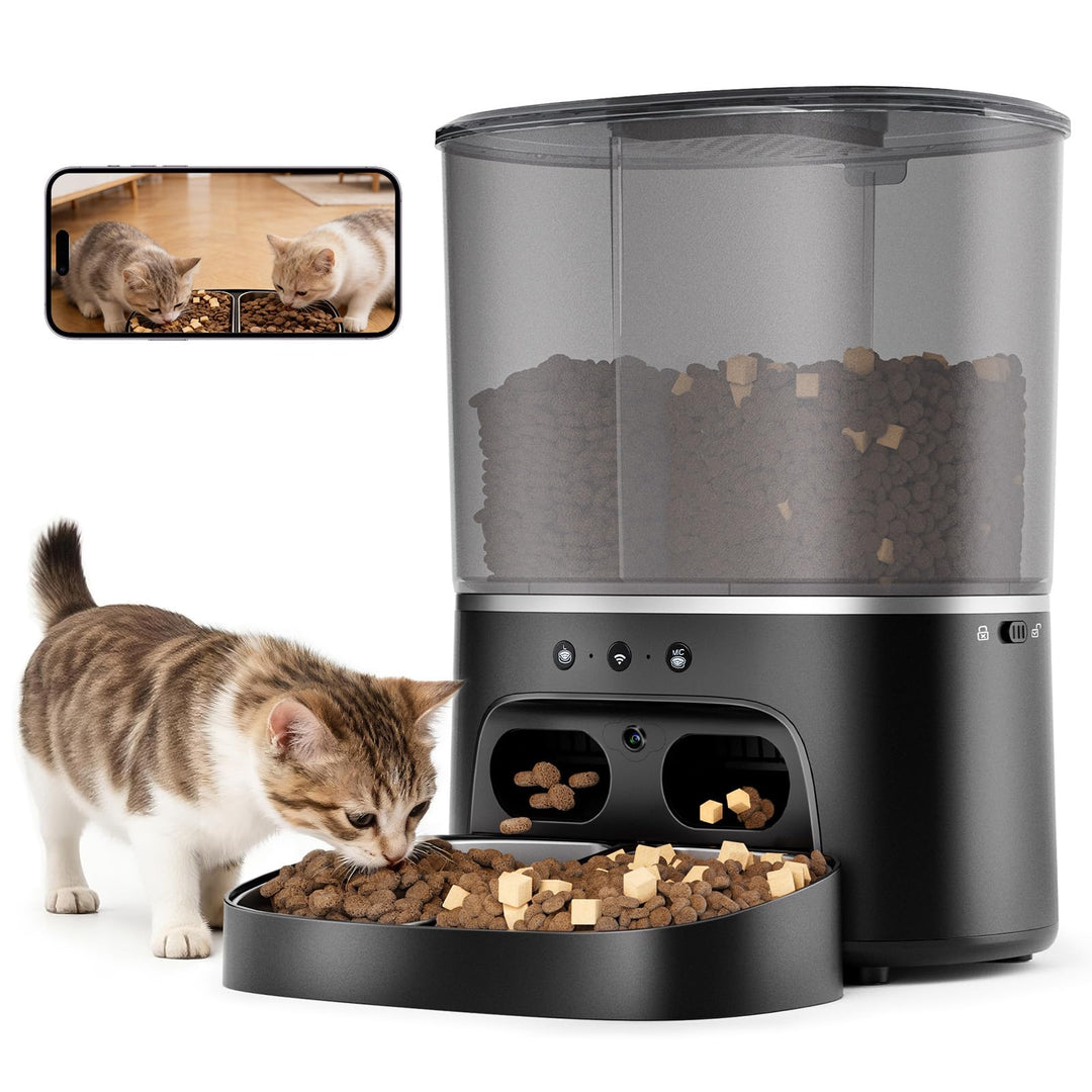 Futterautomat Katze, 2 Näpfe Katzenfutter automat mit APP, 7L Futterspender Katze, 5G WiFi Trockenfu