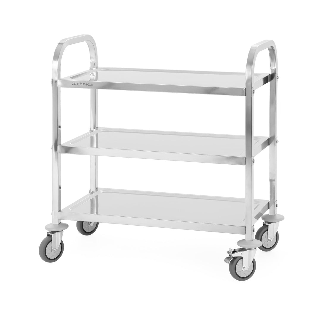 TECHNICA Servierwagen Edelstahl 3 Etagen mit Rollen & Bremse Quadratischer Griff 750x400x835mm Rollw