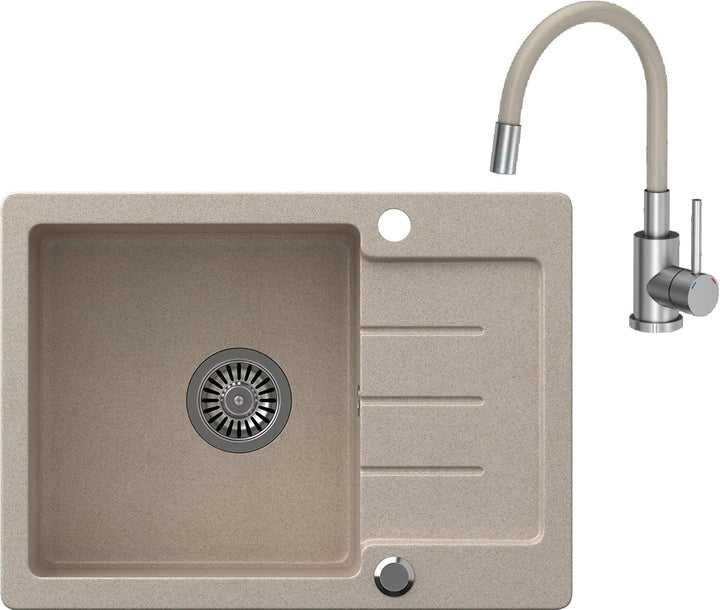 VBChome Spülbecken Beige Granit 60 x 44 cm Einzelbecken Einbauspüle gesprenkelt reversibel Verbundsp
