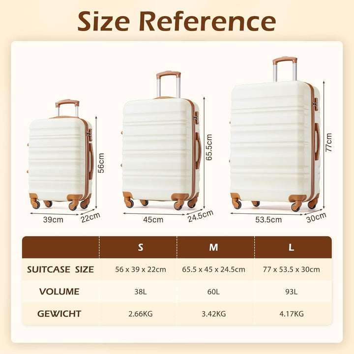 COOLIFE Hartschalen-Koffer Trolley Rollkoffer Reisekoffer mit TSA-Schloss und 4 Rollen (Weiss/Braun,