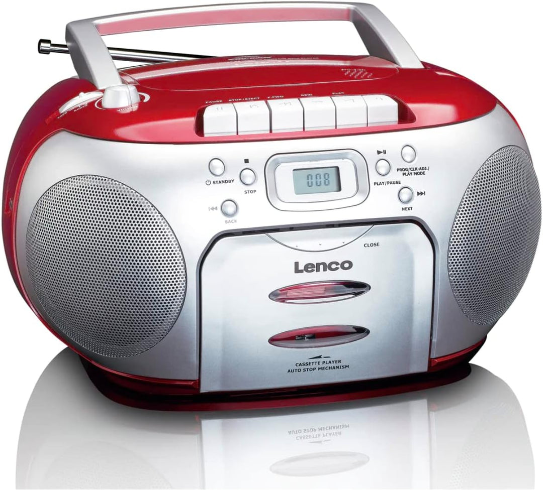 Lenco SCD-420RD Tragbares UKW-Radio mit Toplader CD-Spieler und Kassettendeck, LCD Display, Wiederho