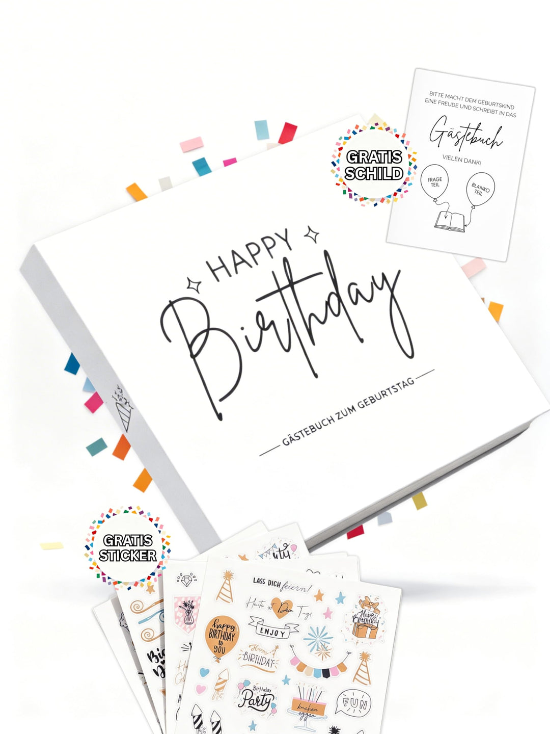 Gästebuch Geburtstag mit Fragen &amp; Blankoseiten zum Ausfüllen, Sticker, Weiss | für 18 30 40 50 60 70
