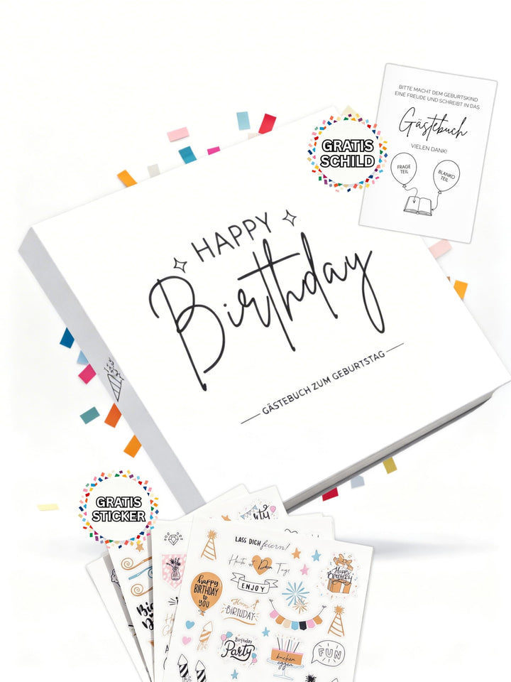 Gästebuch Geburtstag mit Fragen &amp; Blankoseiten zum Ausfüllen, Sticker, Weiss | für 18 30 40 50 60 70