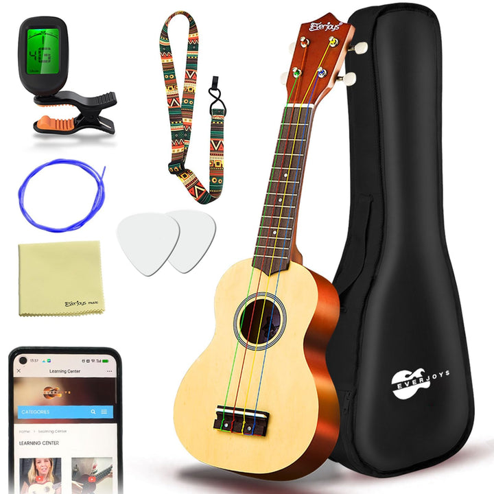 Everjoys Sopran Ukulele Set für Erwachsene 21 Zoll Ukulele Starter Kit mit Tasche, Tuner, Songbook,