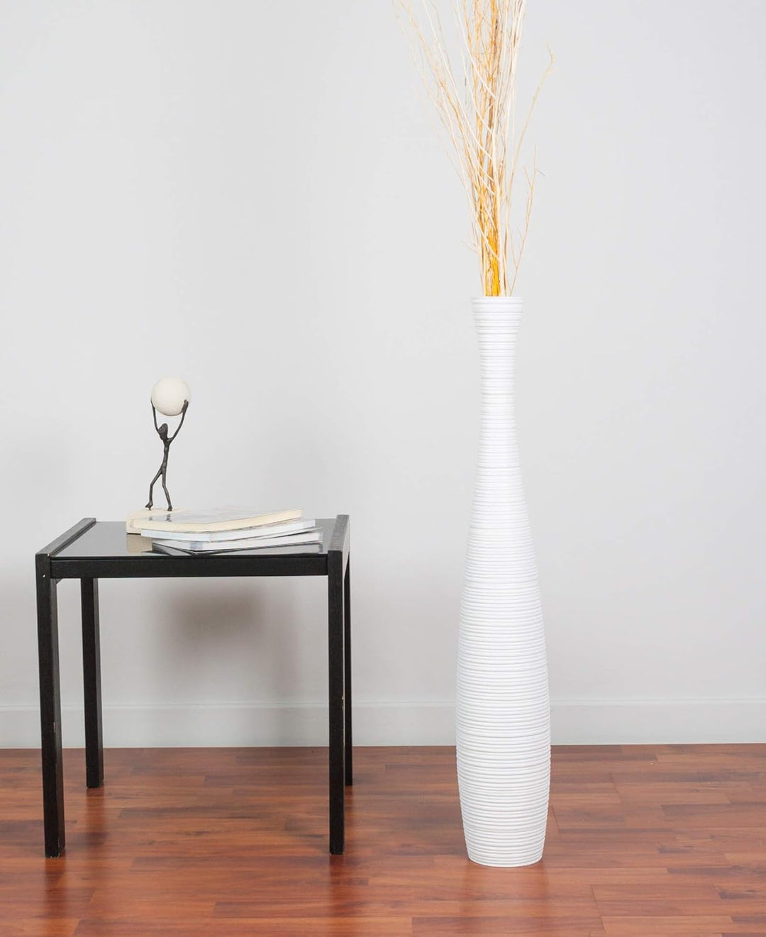 Leewadee Grosse Bodenvase für Dekozweige hohe Standvase Design Holzvase, Holz, 70 cm, Weiss 70 cm We