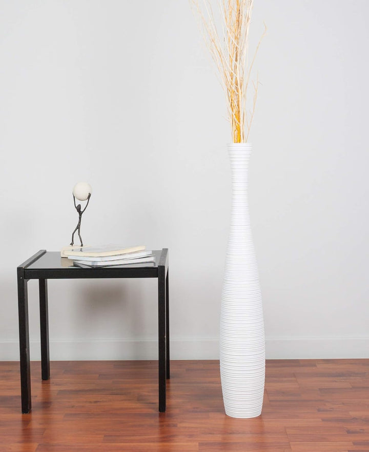 Leewadee Grosse Bodenvase für Dekozweige hohe Standvase Design Holzvase, Holz, 70 cm, Weiss 70 cm We