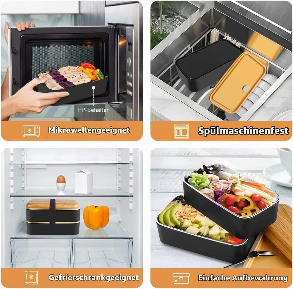 Bento Box im japanischen Stil 2-stufige Lunchbox mit 2 Stück umweltfreundlichem PP-Behälter und Edel