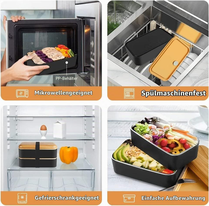 Bento Box im japanischen Stil 2-stufige Lunchbox mit 2 Stück umweltfreundlichem PP-Behälter und Edel