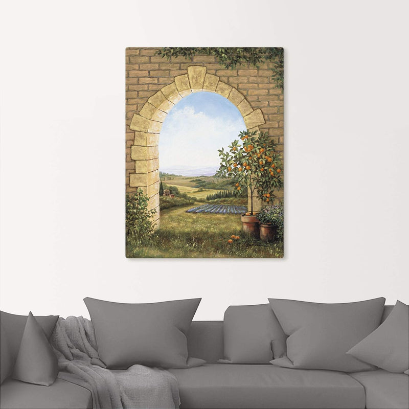 Artland Leinwandbild Wandbild Bild auf Leinwand 60x80 cm Wanddeko Fensterblick Toskana Landschaft It