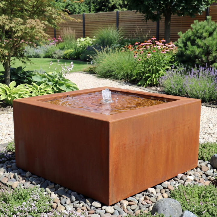 Cortenstahl Brunnen Quadro Quellbrunnen für Garten &amp; Terrasse | Set mit LED Beleuchtung, Viereckig,