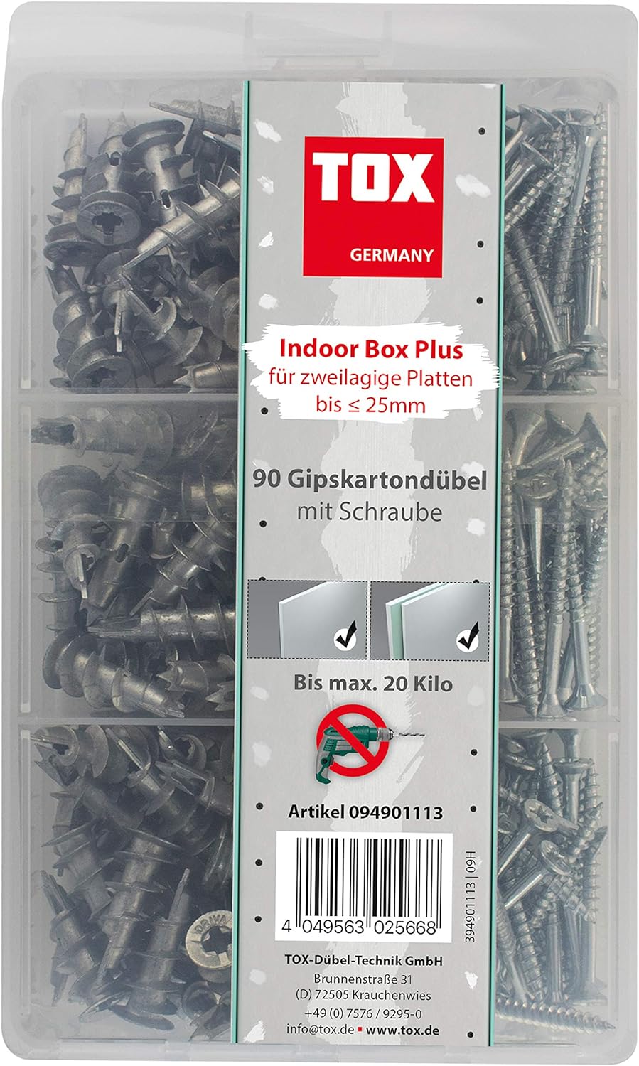 TOX Indoor Box Sortiment Gipskartondübel Spiral Plus 37-4 + Schraube, Dübellänge 32 mm, Dübelsortime