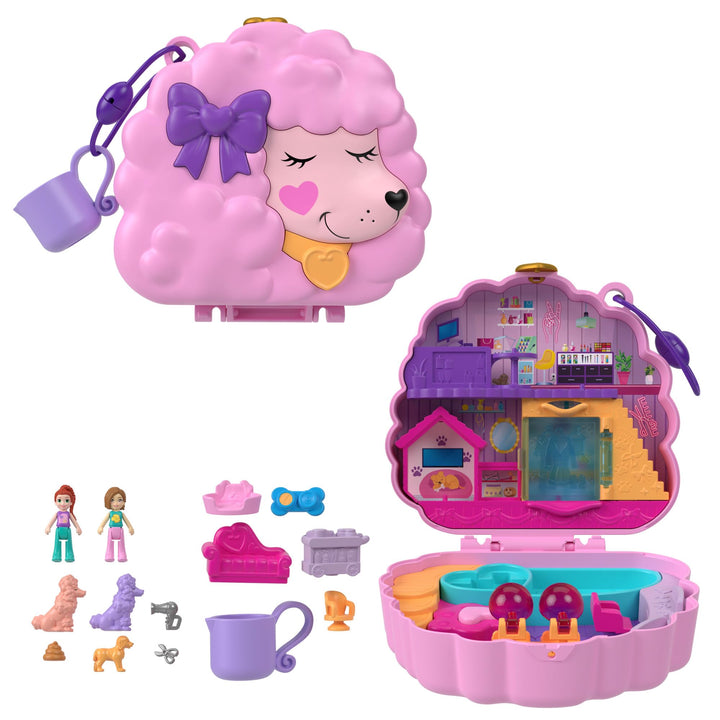 Polly Pocket Pudel Schatulle - Spielset mit Wasserspass und 2 Teilen mit Farbwechseleffekt, 12 Zubeh