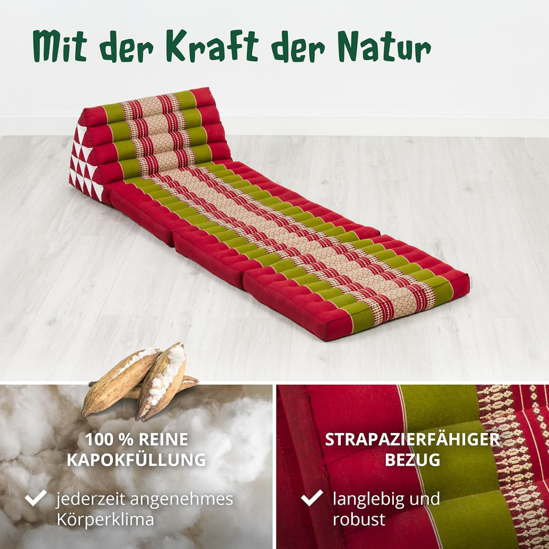 livasia Thaikissen 3 Auflagen extrahoch - 185x55x8cm - Dreieckskissen mit Klappmatratze, Kapok, Jumb