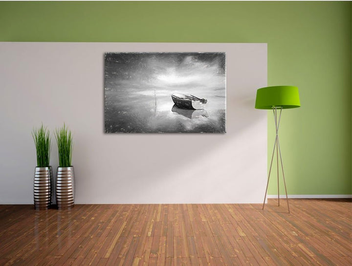 Pixxprint Einsames Boot auf See als Leinwandbild/Grösse: 100x70 cm/Wandbild/Kunstdruck/fertig bespan