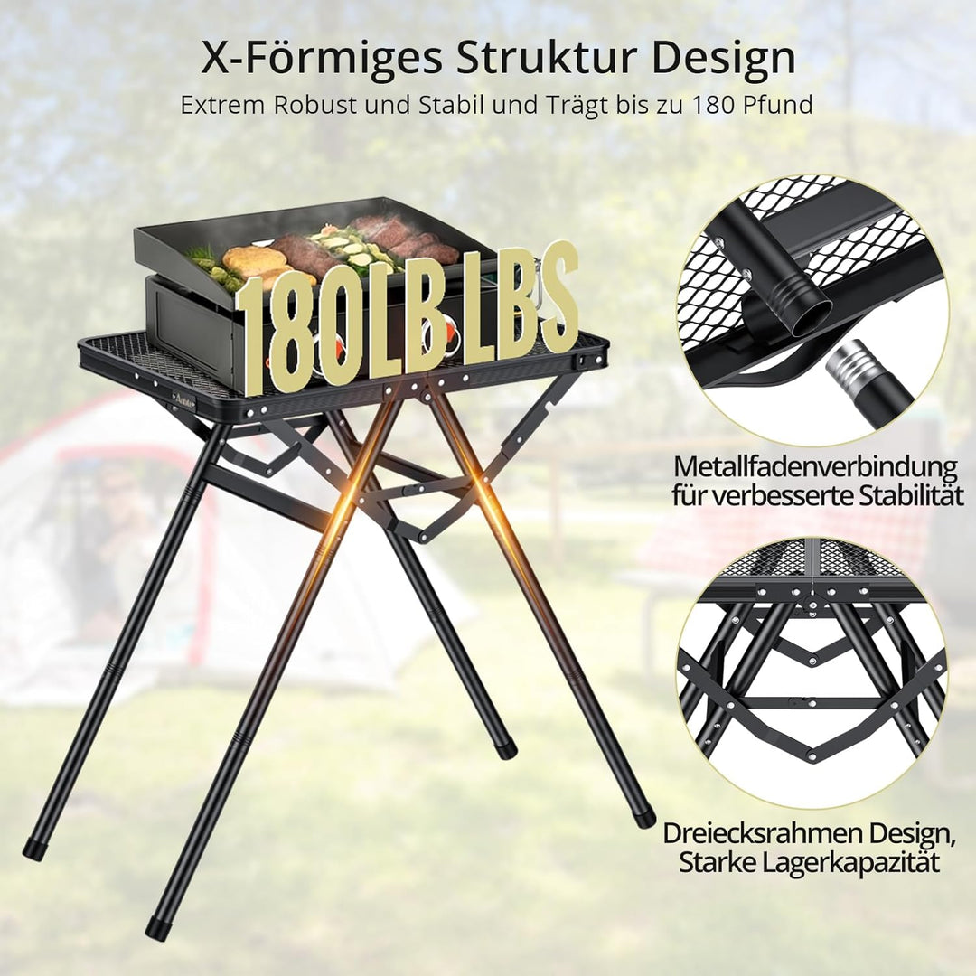 Anbte Campingtisch Grilltisch 60x40cm Metallgitter Tischplatte X-Rahmen Design mit 2 Verstellbare Hö