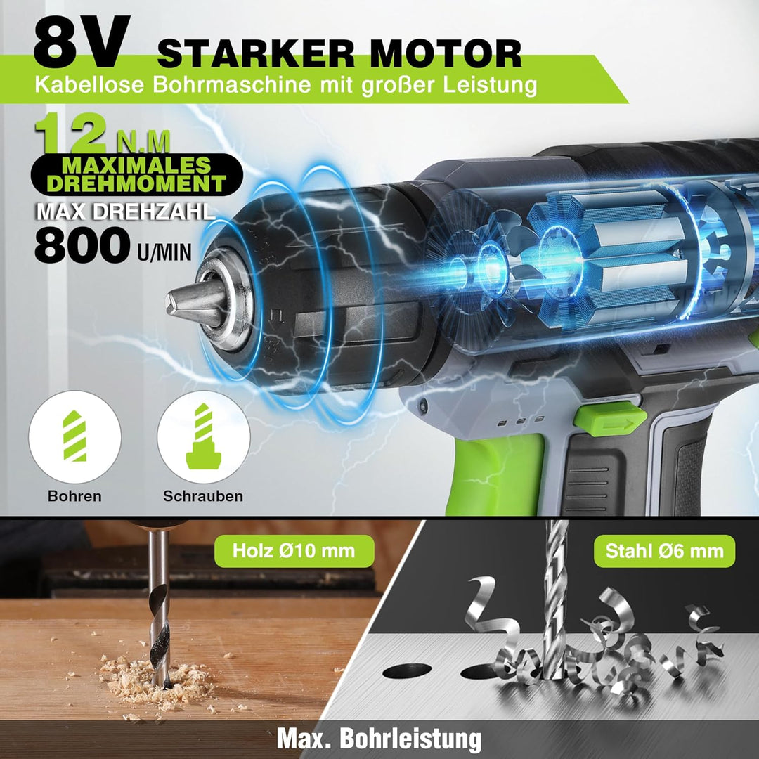 WORKPRO 8V Akku Bohrschrauber Set mit Transportkoffer, Akkuschrauber, 2x2000 mAh Akkus Bohrmaschine,