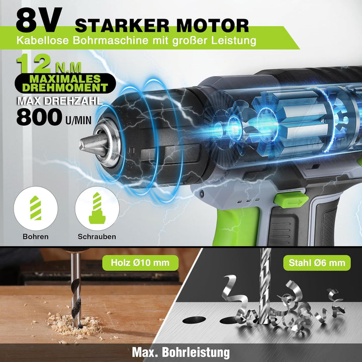 WORKPRO 8V Akku Bohrschrauber Set mit Transportkoffer, Akkuschrauber, 2x2000 mAh Akkus Bohrmaschine,
