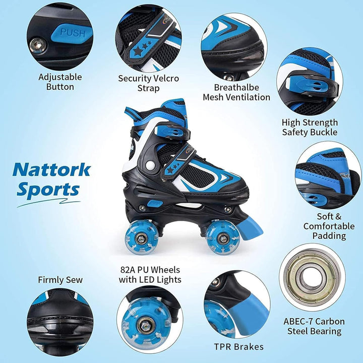 Nattork Kinder Rollschuhe für Jungen Mädchen, 4 Grössen Verstellbare Quad Skates, Roller Skates mit