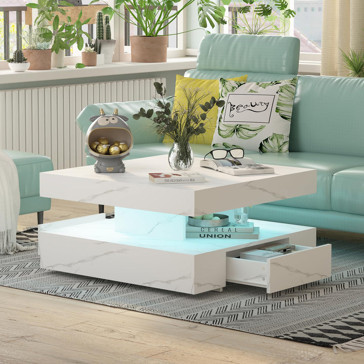 KEEPREAPER Couchtisch LED, Wohnzimmertisch mit 2 Schubladen für Wohnzimmer 78 x 78 x 40cm (Weiss Mar