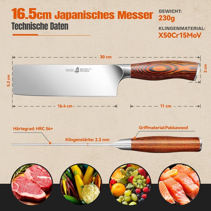 TUO Nakiri Messer Japanisches Kochmesser 16.5cm Deutsches Edelstahl Küchenmesser mit Pakkawood Griff